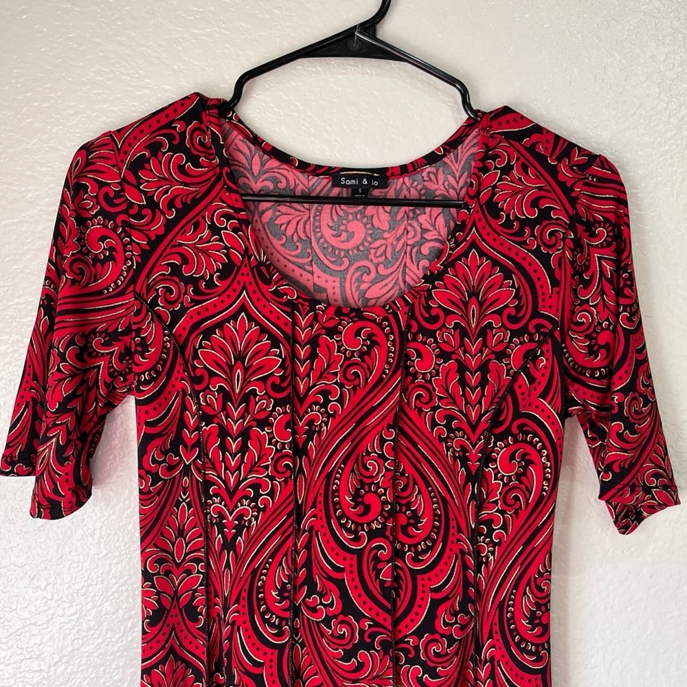 Sami & Jo Red Black Floral Paisley Midi Dress Sz S Short Sleeve Formal prom Chic - Picture 5 of 9